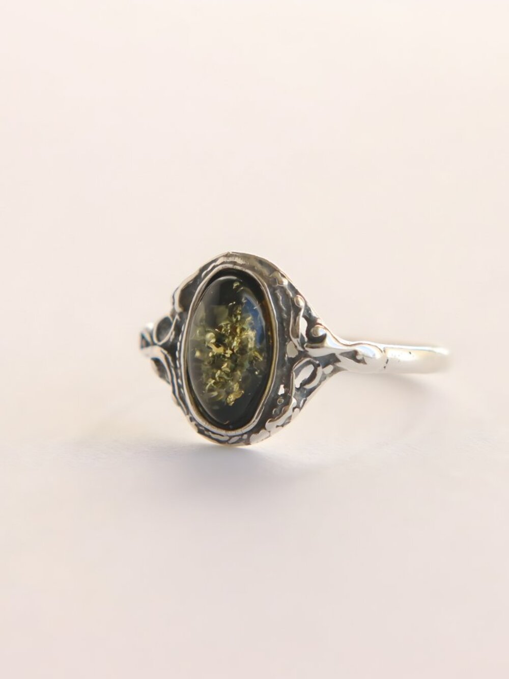 Baltic Green Amber Victorian Ring -Sterling Silver - Picture 3 of 5